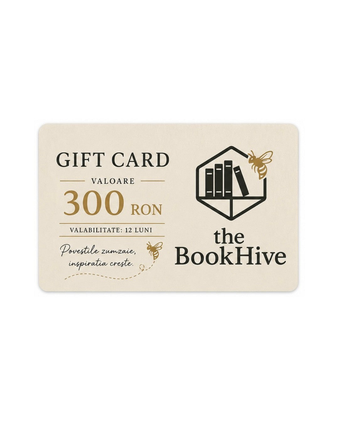 theBookHive 300 RON digital gift card with a cream background, bee illustration, and book-themed logo.