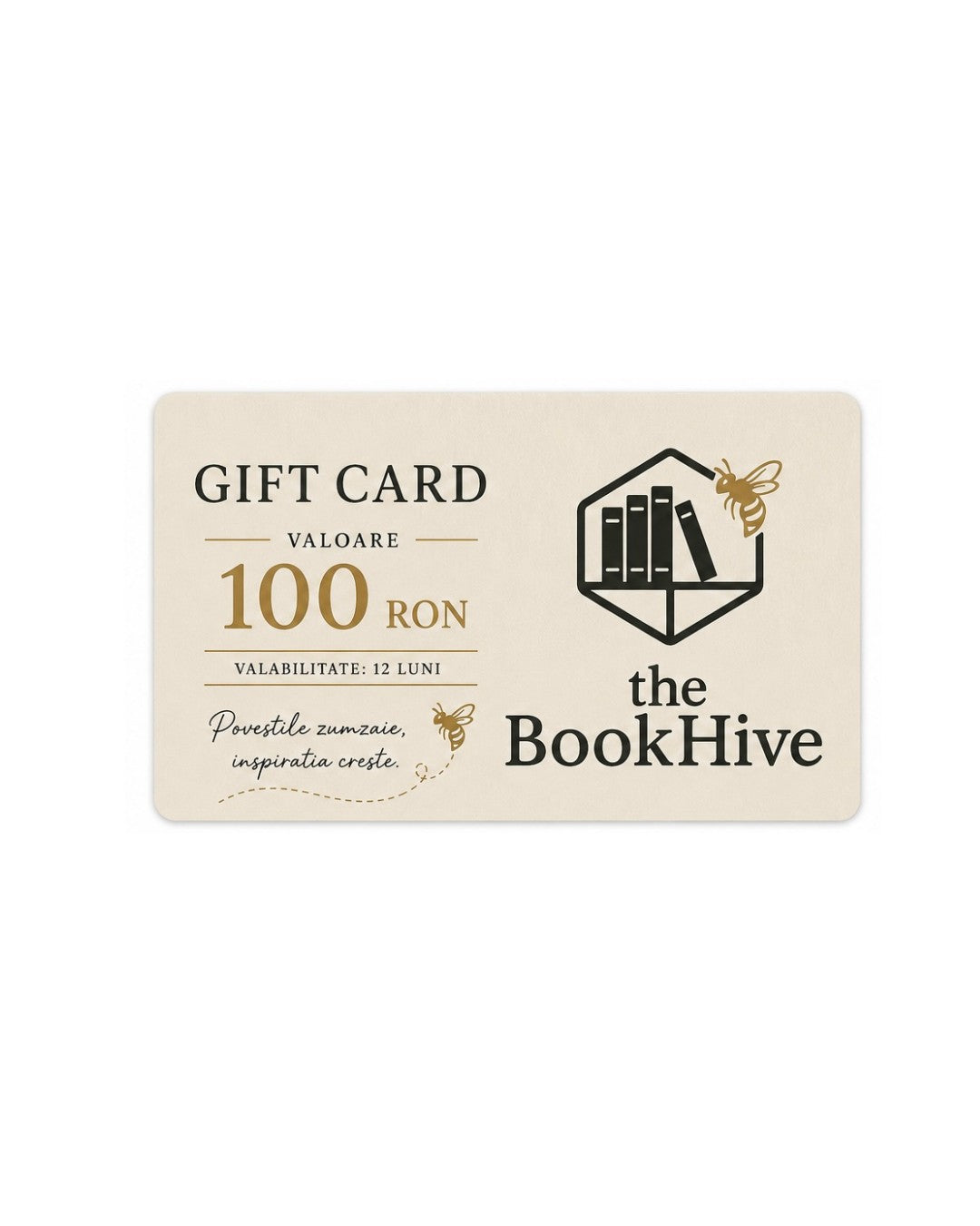 theBookHive digital gift card worth 100 RON with a cream background, bee illustration, and bookstore branding.