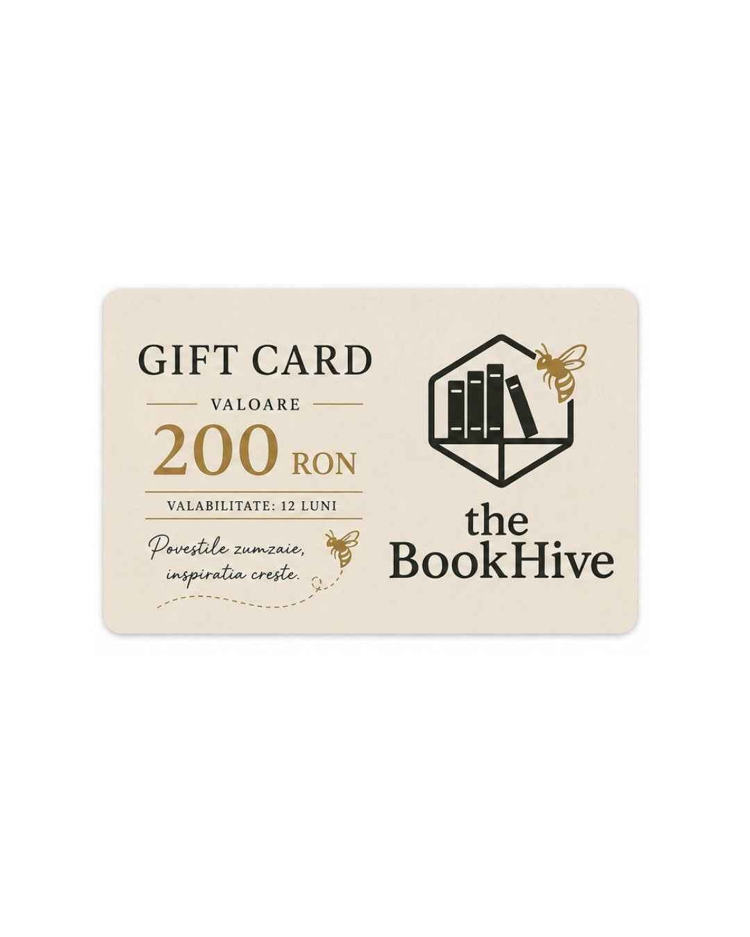 theBookHive digital gift card for 200 RON featuring a bee and book logo on a cream background