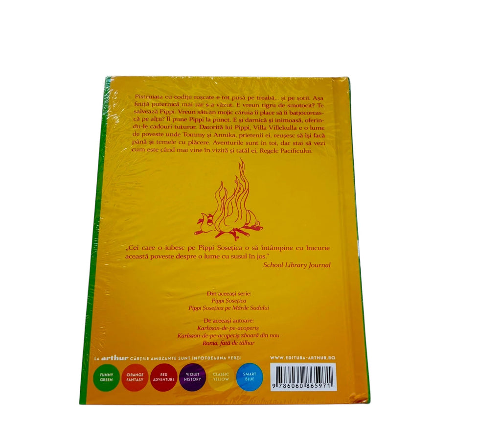 Back cover of theBookHive Pippi Șosețica se îmbracă children's book by Astrid Lindgren with yellow background