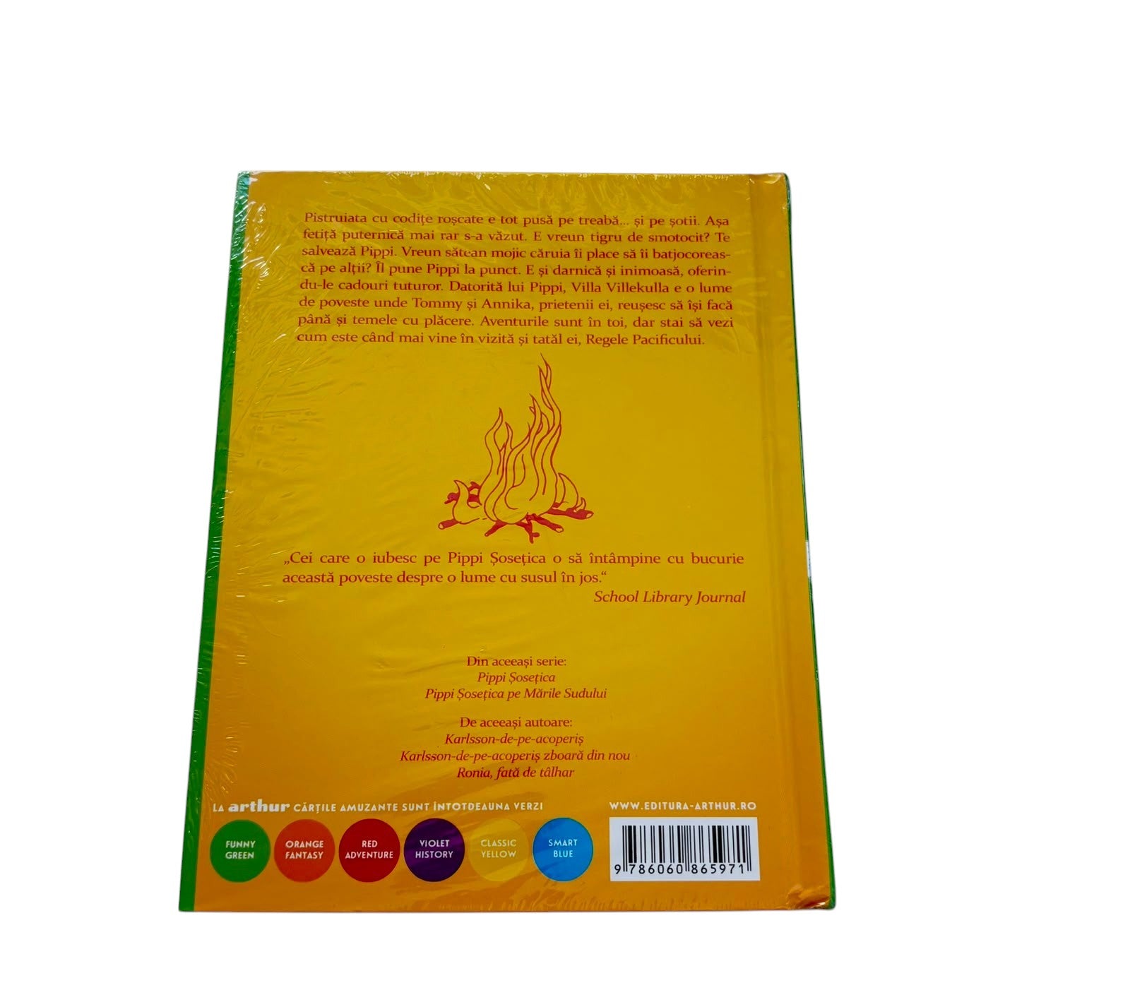Back cover of theBookHive Pippi Șosețica se îmbracă children's book by Astrid Lindgren with yellow background